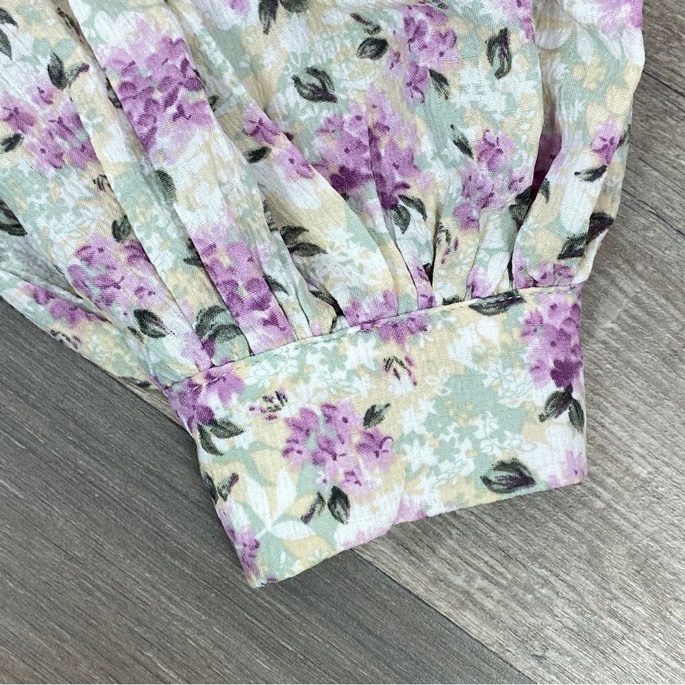 Bacio Floral Tie Front Puff Sleeve Crop Blouse White Purple Large - Picture 9 of 12
